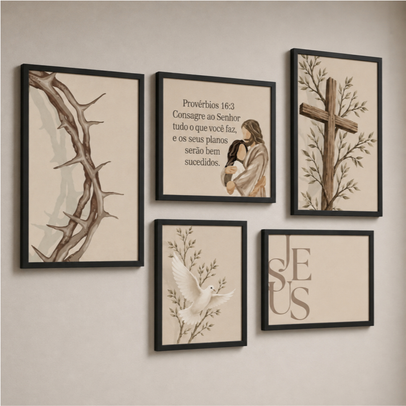 Kit 5 Quadros Decorativos Mdf Bíblico Religioso Versículo Frase Minimalista Pra Cozinha Sala Quarto