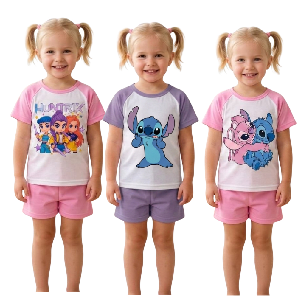 Pijama Infantil Menina Personagens Meia Manga Baby Doll Fresco Verão Personagens