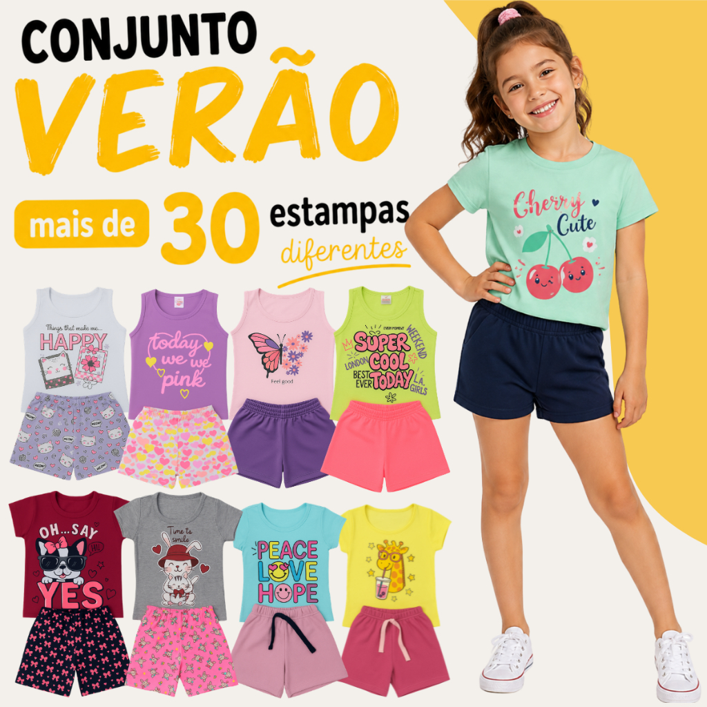 Kit 10 Peças Conjunto Infantil Menina Verão Conjunto Sortido Estampado 5 Camisetas + 5 Shorts Regata Estiloso Feminino