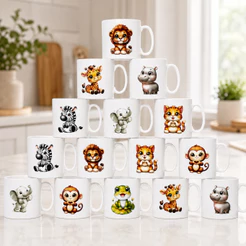 Kit Caneca Safari Animais Bichinhos Lembrancinha Festa Infantil Aniversário Decoração Presente 450 ml