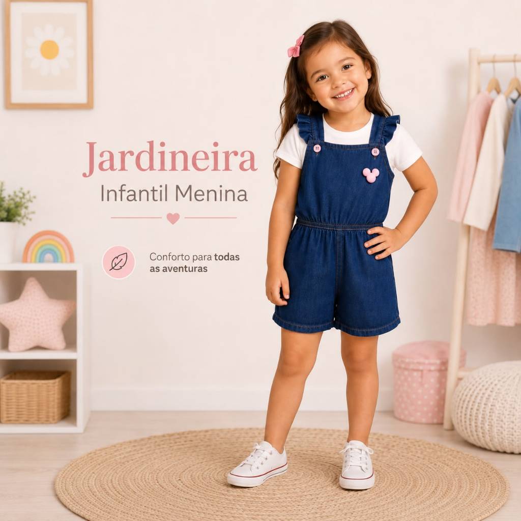 Jardineira Macacão Jeans Infantil Menina Babado Alça Elástico Botão PomPom Conforto Fofo Casual Verão Moderna
