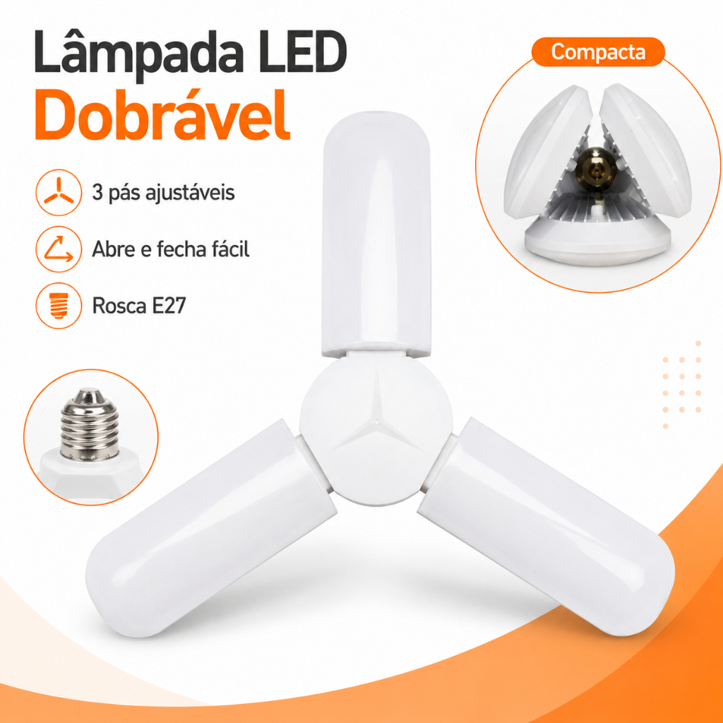 Lâmpada LED Dobrável 45W 3 Pétalas E27 Bivolt 6500K Alta Luminosidade para Garagem Oficina Depósito