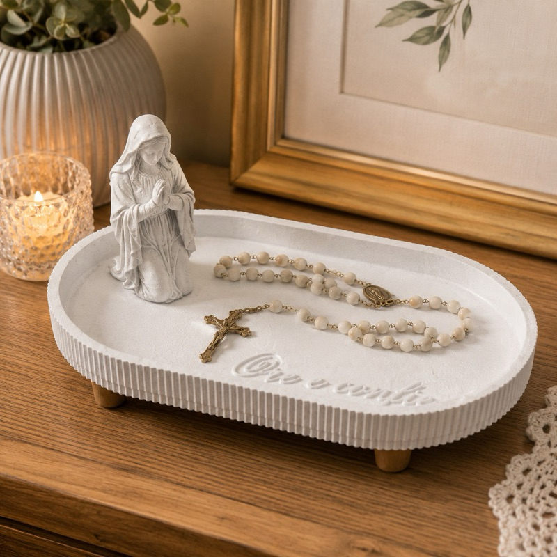 Porta Terço Nossa Senhora Bandeja Devocional Católica Ore e Confie Decorativa Religiosa para Oração e Presente