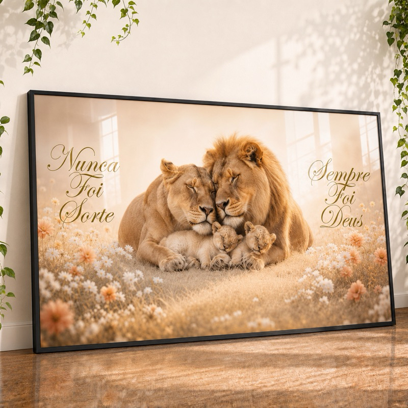 Quadro Decorativo Leão Filhotes Religioso Nunca Foi Sorte Sempre Foi Deus MDF Luxo Para Sala Quarto Decoração Parede