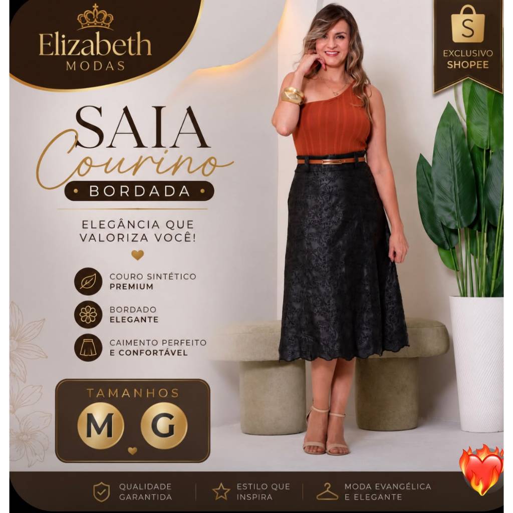 SAIA FEMININA COURO BORDADA EVASE MIDI ,COM ZIPER TRASERA, COM FORRO ,IDEAL PRA TUDO TIPO DE OCAÇAON ELEGANTE