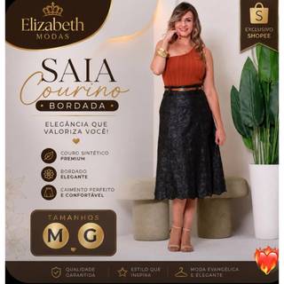 SAIA FEMININA COURO BORDADA EVASE MIDI ,COM ZIPER TRASERA, COM FORRO ,IDEAL PRA TUDO TIPO DE OCAÇAON ELEGANTE