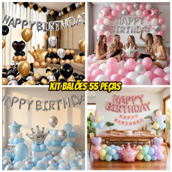 Kit Balões Aniversário 55 Peças Decoração Festa Com Faixa Happy Birthday Coroa Metalizada Balões Bexigas Festa de 15 ano