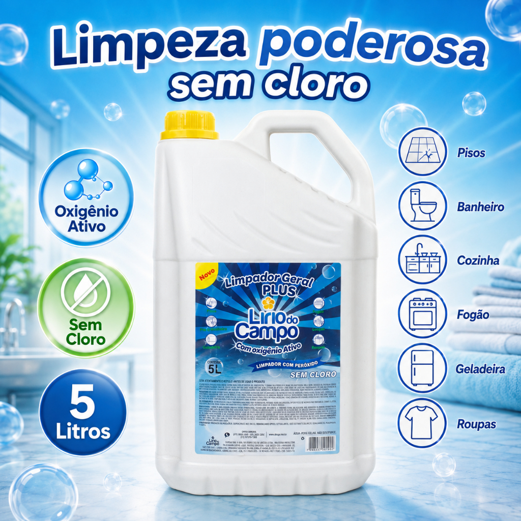 Limpador Geral Plus Lírio do Campo 5 Litros Com Oxigênio Ativo S/ Cloro Multiuso Spray Limpeza Geral