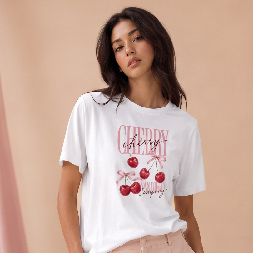 Blusa Feminina Estilosa T Shirt Cereja Laços Romântica Delicada Moda Feminina Algodão Estampada