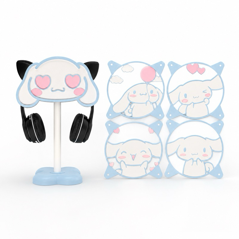 Kit Cinnamoroll para Setup Gamer Cute Girl Capa para Fan Grill + Suporte de Headset Azul Bebe