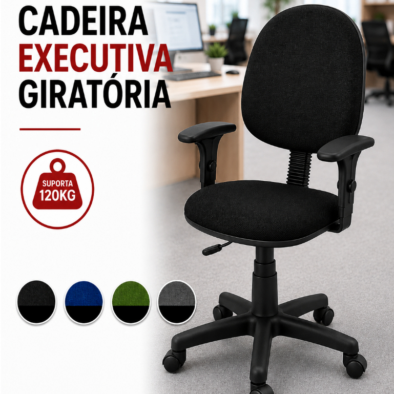 Cadeira de Escritório Executiva Ergonômica Giratória Braços Reguláveis Altura Preta