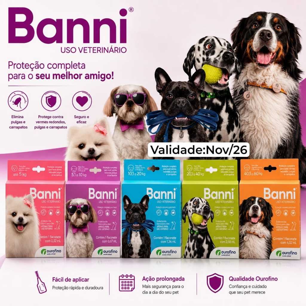 Antipulgas Banni Ourofino Cães Vermes Pulgas e Carrapato 1 pipeta