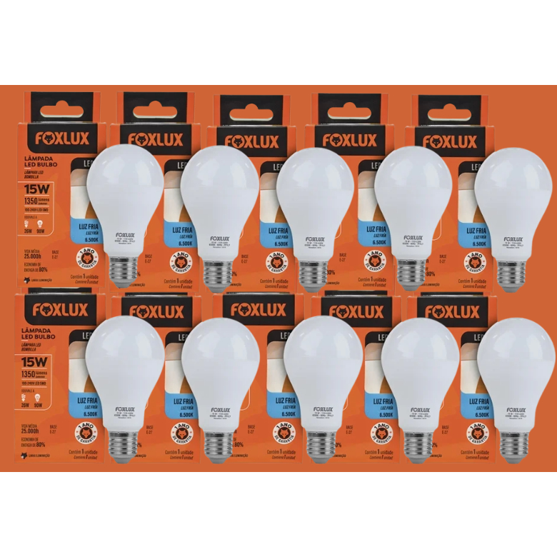Kit c/ 10 Lampadas Led Bulbo 15W 6500K Bivolt FOXLUX