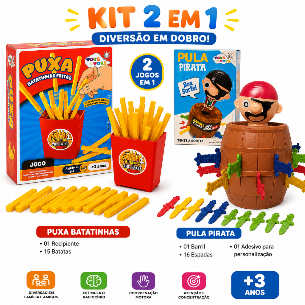 Jogo Infantil Educativo de Mesa – Puxar Batatinhas Fritas + Barril Pula Pirata, Brinquedo Divertido para Crianças