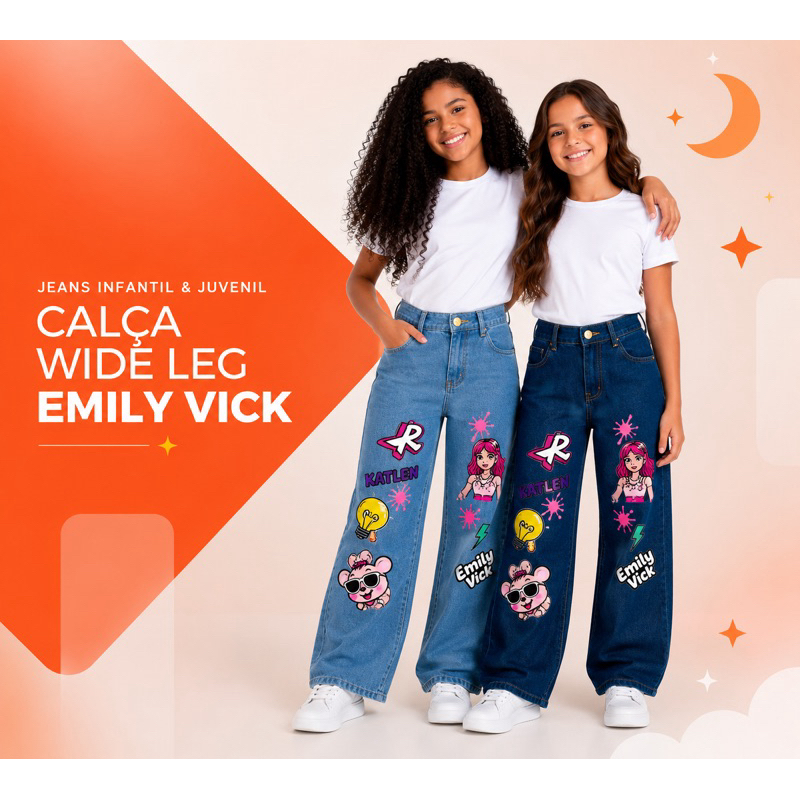 Calça Jeans Infantil Feminina Wide Leg Emily Vick Cintura Regulável