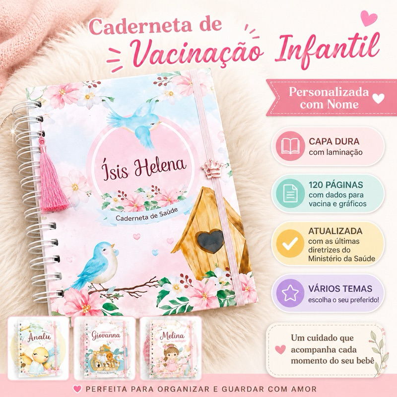 Caderneta de Vacinação Infantil Personalizada Menina Capa Dura 120 Páginas Atualizada