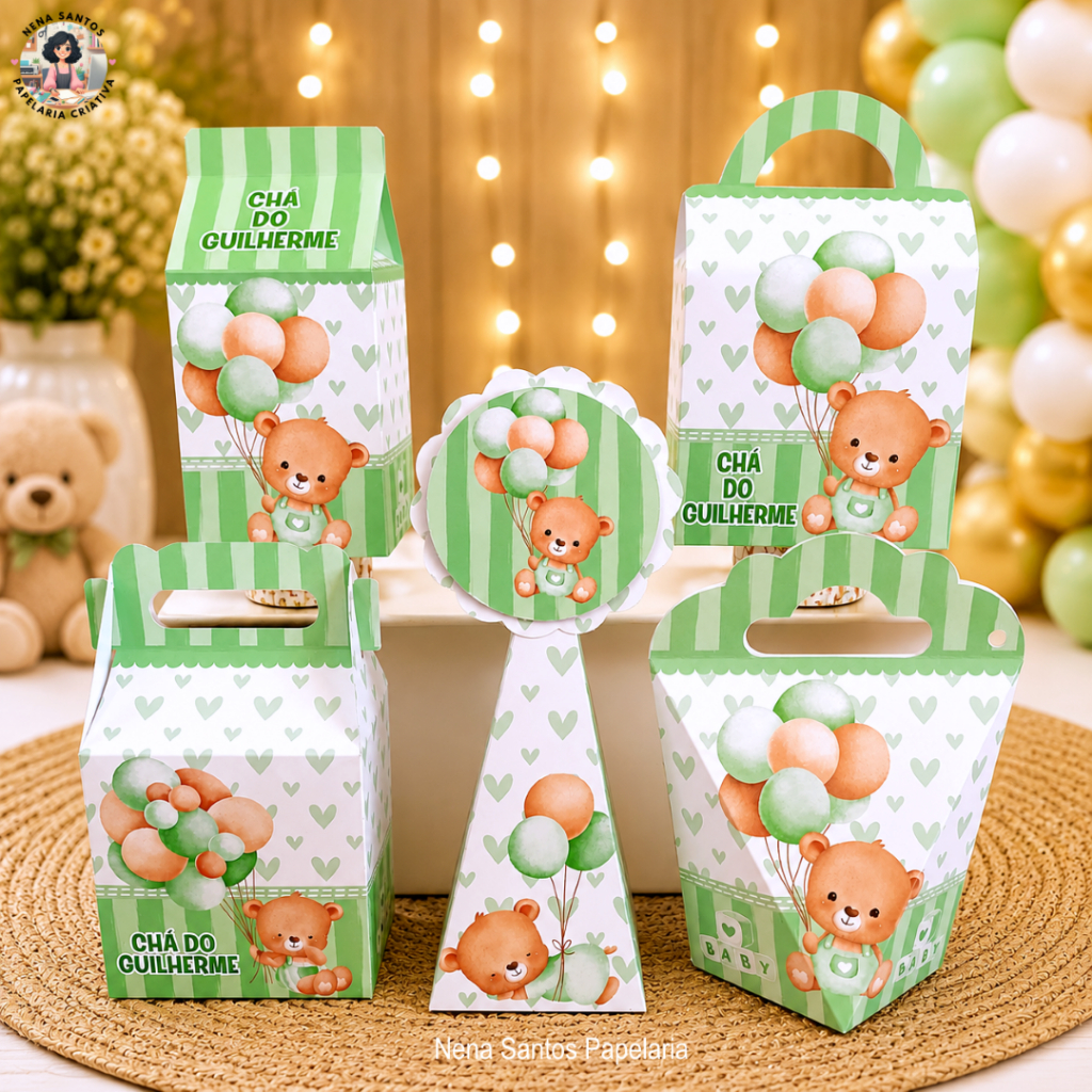 Kit Caixinhas URSINHO VERDE Personalizados(PEGUE E MONTE)Lembrancinhas Mimos Chá de Bebê Fraldas, Chá Revelação Ursinhos