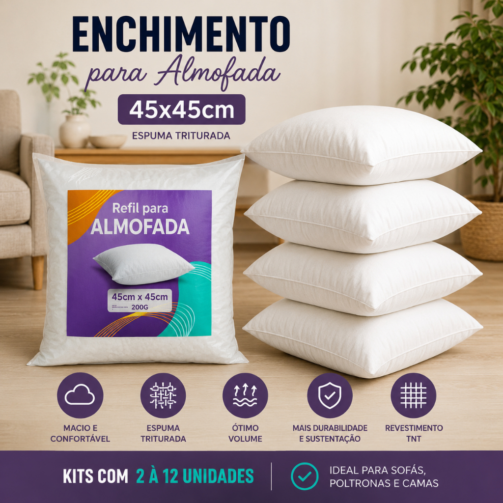 Enchimento de Almofada 45x45 Espuma Triturada Kit 2 a 12 Unidades Refil