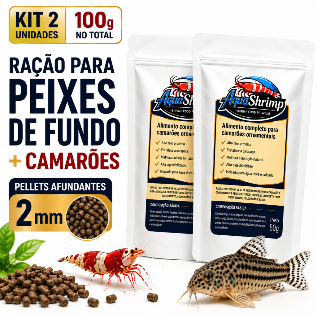 Ração para Peixes de Fundo Corydoras Cascudos e Camarões Pellets Afundantes 2mm Kit 2x50g AquaShrimp