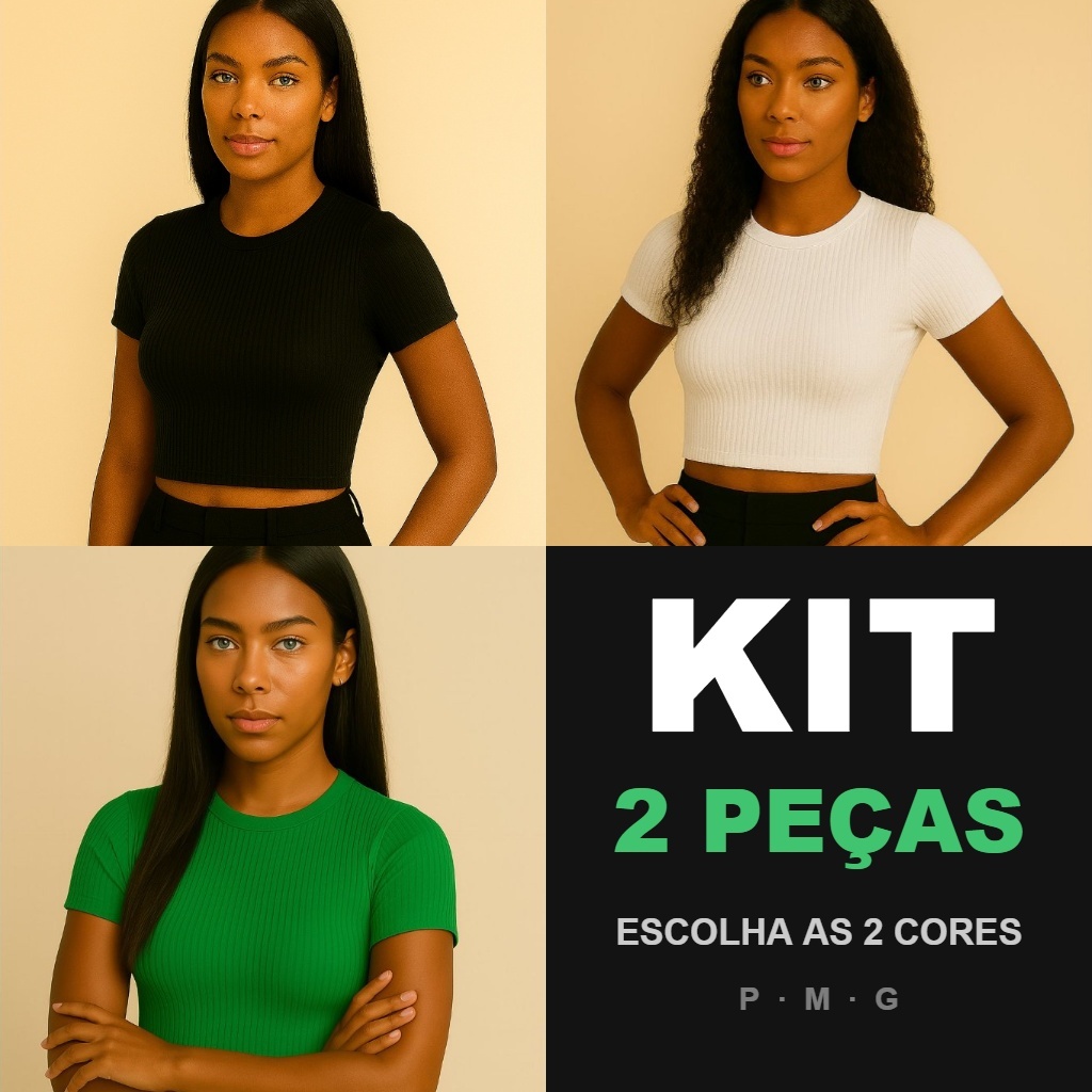 Kit 2 Cropped Canelado Feminino Manga Curta Gola Redonda Blusa Básica Top Modela Corpo Malha com Elastano