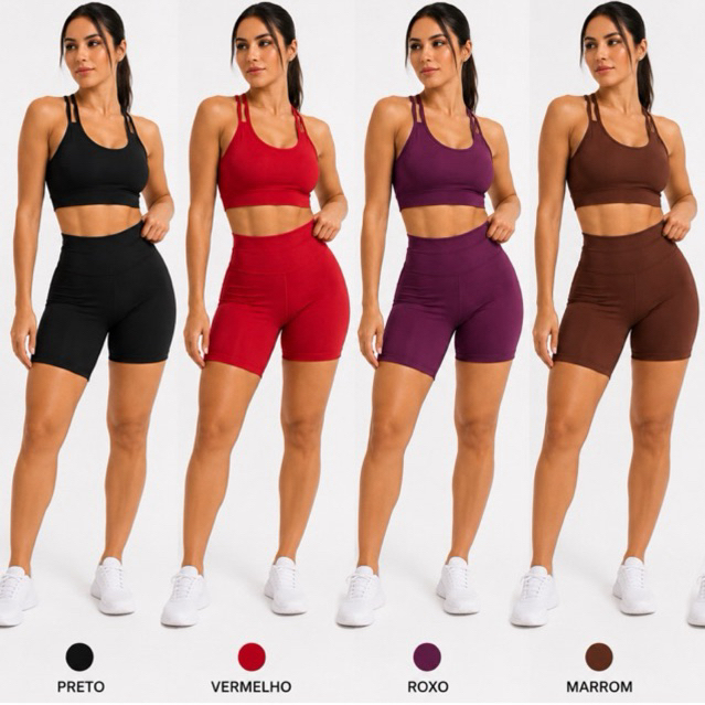 CONJUNTO FITNESS/ACADEMIA TOP+SHORT CINTURA ALTA FEMININO ALÇA DUPLA NA FRENTE E CRUZADA NAS COSTAS