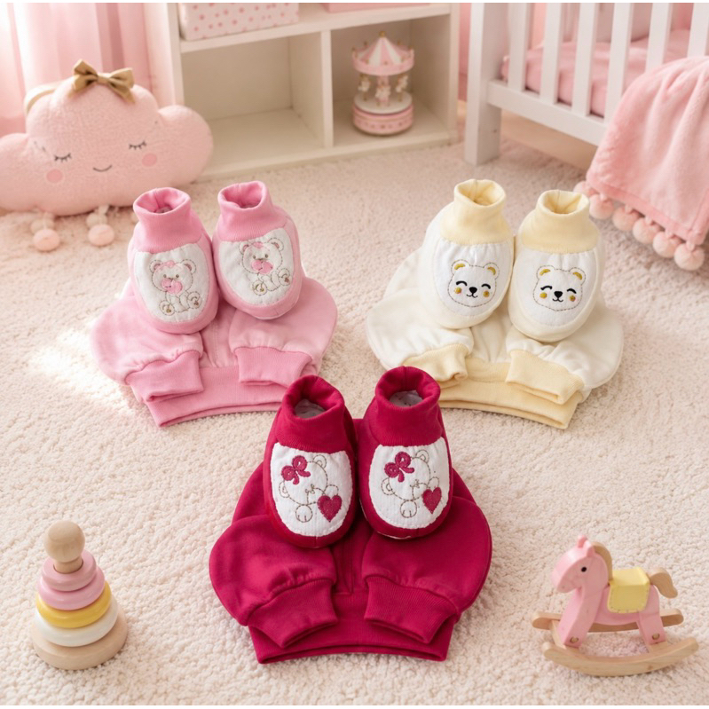 Kit Pantufas Bordada, Touca e Luvas Para Bebê Temos 2 Opções  Kit 3 e 9 Peças Malha Hipoalergênico 100% Algodâo.