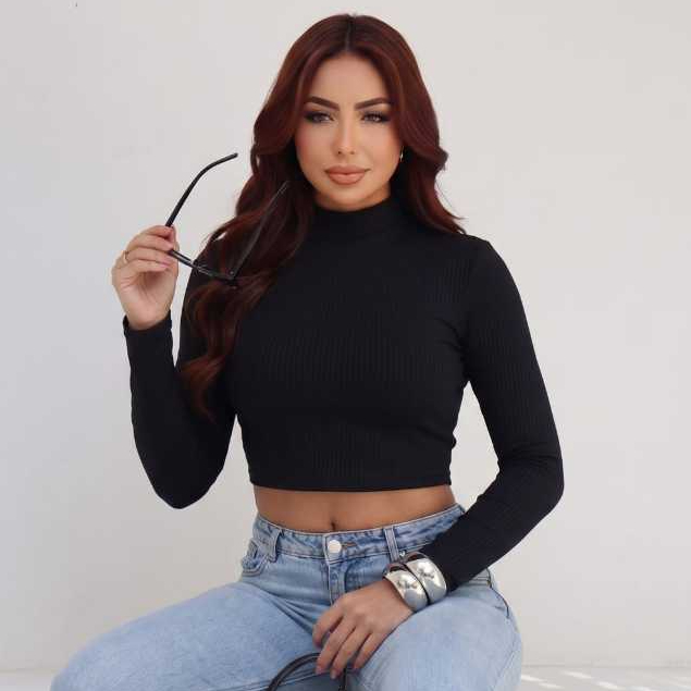 Cropped Feminino Gola Alta Manga Longa Canelado Suplex Sensual Casual Inverno Outono Moda Blogueira Conforto Dia a Dia