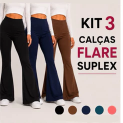 Kit 3 Calças Legging Flare Feminina Suplex Premium Cintura Alta