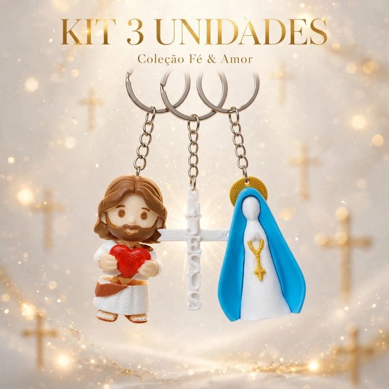 Kit 3 Chaveiros Religiosos Católicos Jesus Coração Nossa Senhora Cruz | Lembrancinha Batizado Primeira Eucaristia Fé