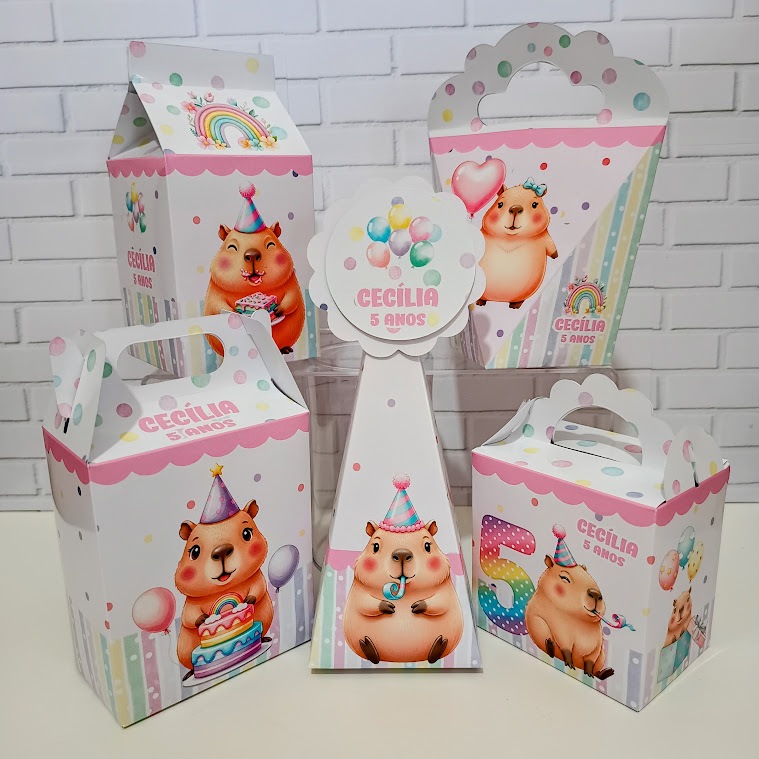 Kit Caixinha Personalizada Capivara Menina | Lembrancinha Festa Aniversário Capivara | Kit Festa "pegue e monte"
