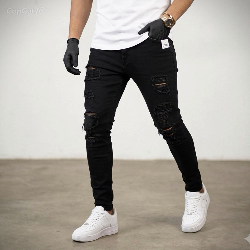 Calça Jeans Masculina Preta Skinny Destroyed com Elastano