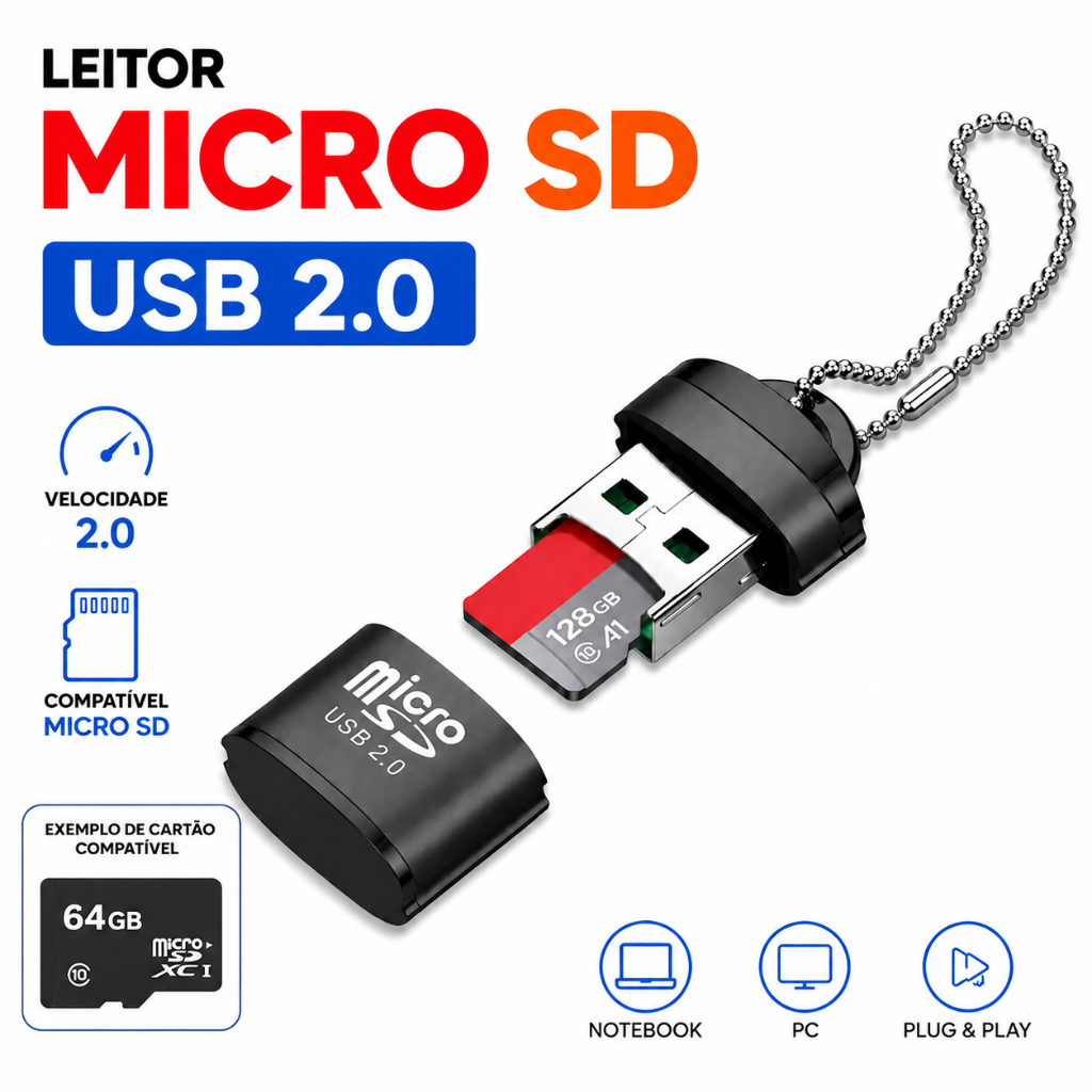 Adaptador Mini Leitor de Cartão Micro SD TF USB 2.0 para PC Computador  Notebook Transferência de Dados