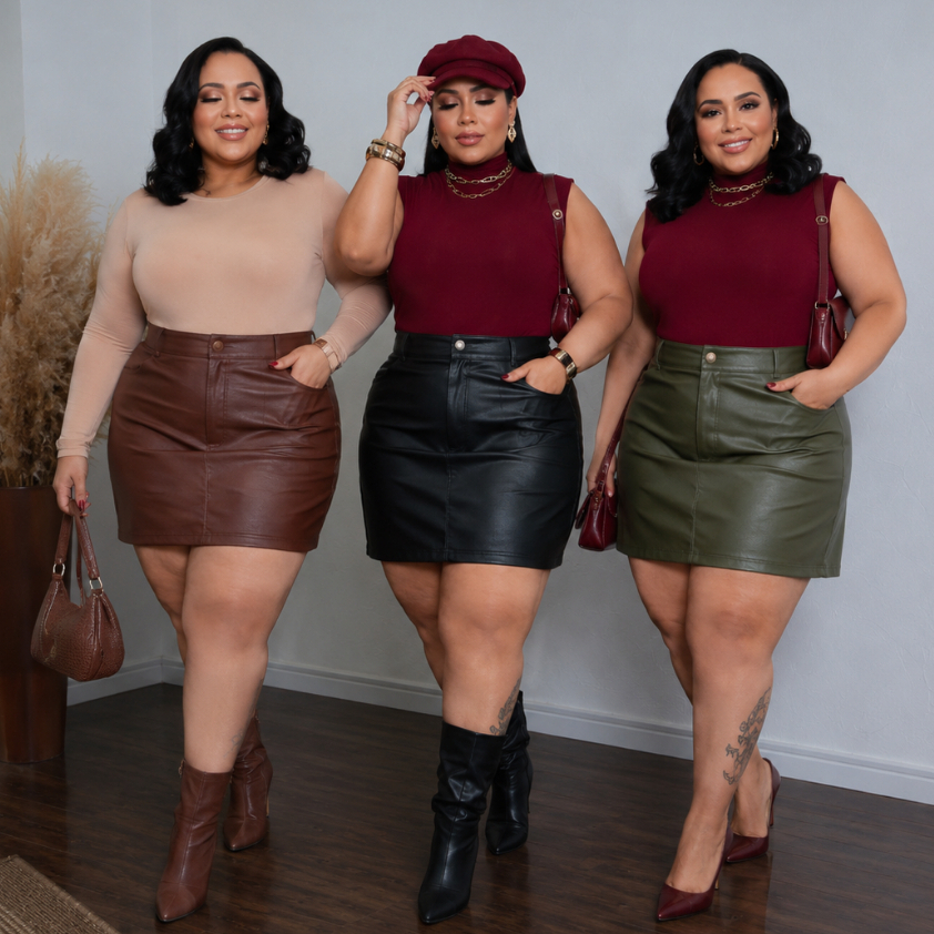 🔥Saia Curta Couro Fake Ecologico Plus Size Com Bolso Cintura Alta Feminina