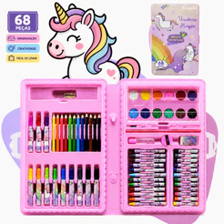 Kit Maleta De Pintura Infantil Unicórnio 68 Peças Estojo Escolar Com Canetinhas Criança Kizumba