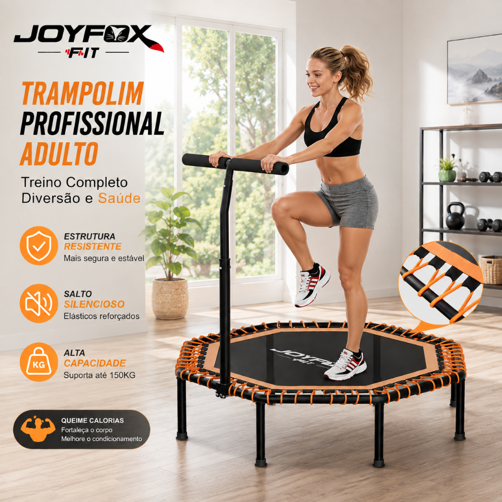 Trampolim Jump Profissional Dobrável 105cm com Elástico e Barra Ajustável 3 Alturas