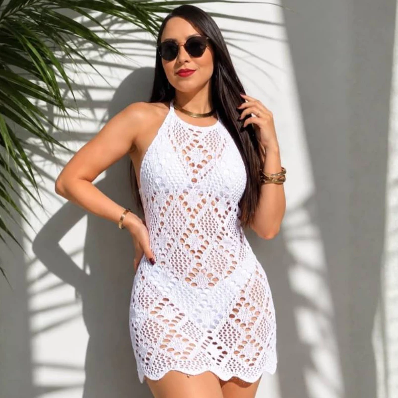 Saída De Praia Curta Vestido Tricot Crochê Rendado Luxo Verão Lançamento Blogueira — imagem 1
