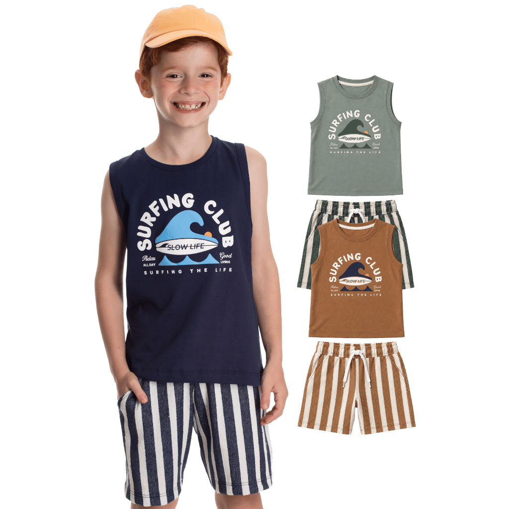 Conjunto Infantil Masculino Regata Algodão + Bermuda de Moletinho Ecológico Surf 1 2 3
