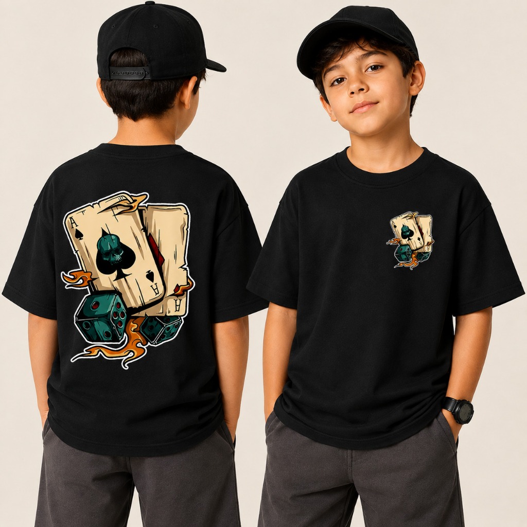 Camiseta Infantil  Baralho Estampada Streetwear Frente e Costas Algodão Confortável Juvenil Uniseex 2 ao 14