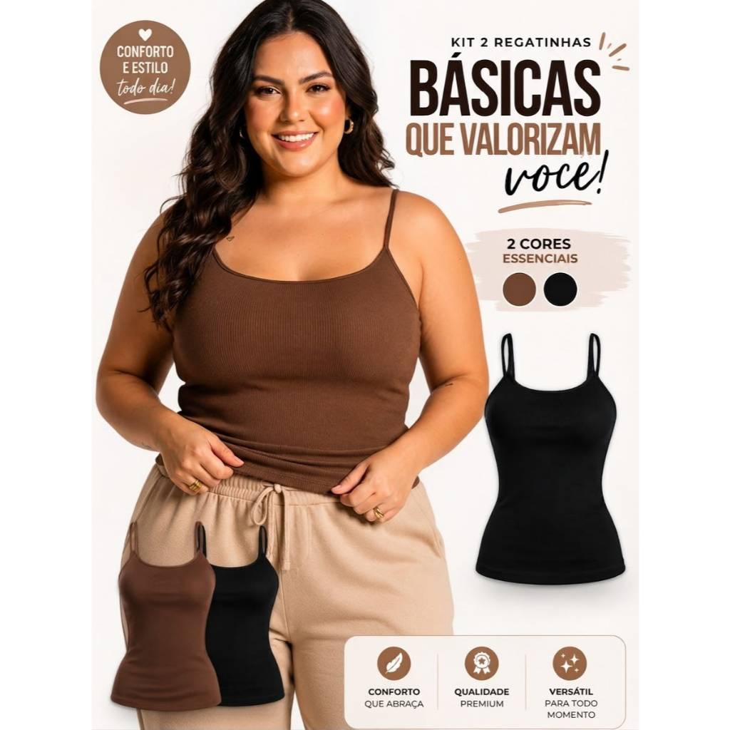 Kit 2 Regatas Plus Size Feminina Alcinha Fina Canelada Blusinha Básica Confortável Verão