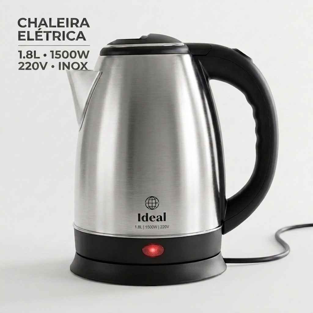 Chaleira Eletrica Inox 1,8 Litros 220V 1500W Potencia Aquecimento Rapido Design Moderno Ferve Água Chá Café
