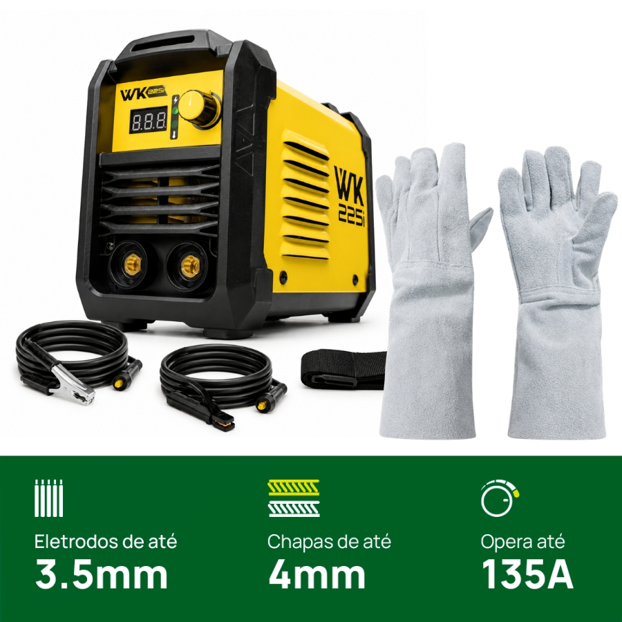 Kit Máquina de Solda Inversora WK 225i 220V MMA TIG Lift + Luva de Raspa - Pró Euro