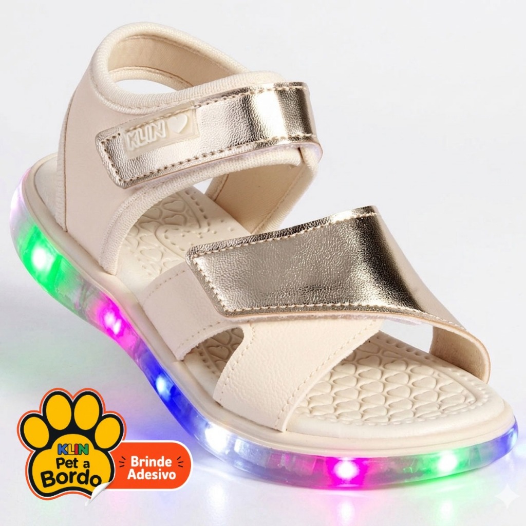 Sandália Papete Infantil Klin Light Menina com LED e Tira Aderente - Off White