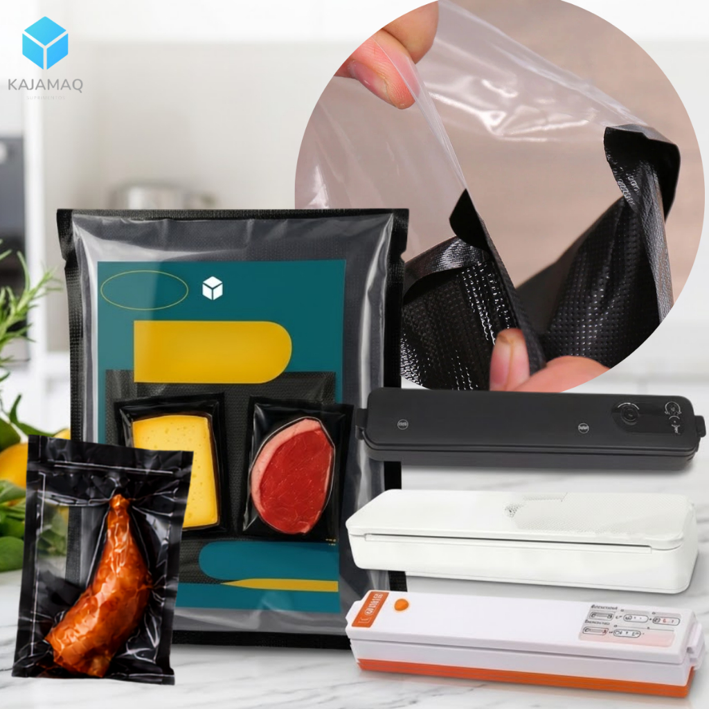 100 Unidade Embalagem Preta a Vácuo Ranhurada Saco Plastico Seladora Domestica Gofrada Black Embalar Alimentos