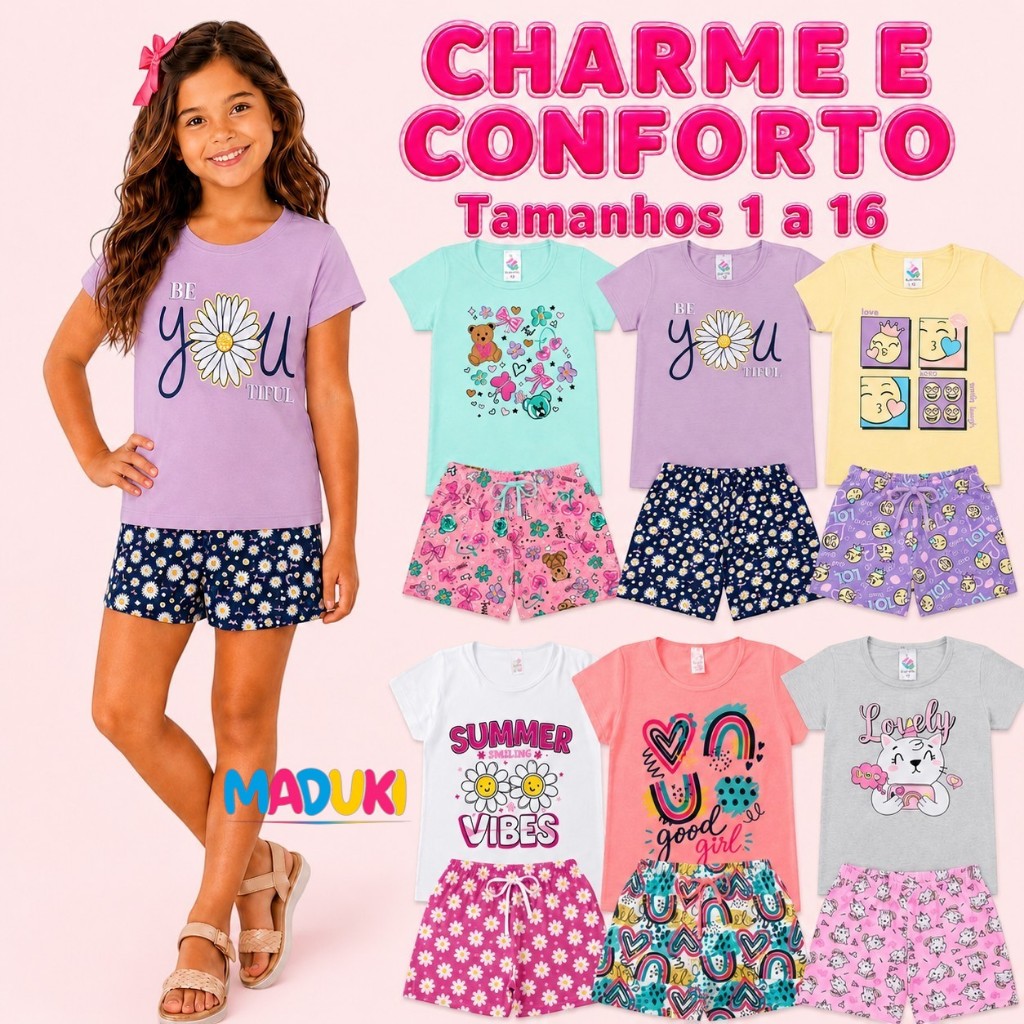 Kit 10 Peças Roupa Infantil Menina – Conjuntos de Blusa e Shorts para Verão – Tamanhos 1 a 16