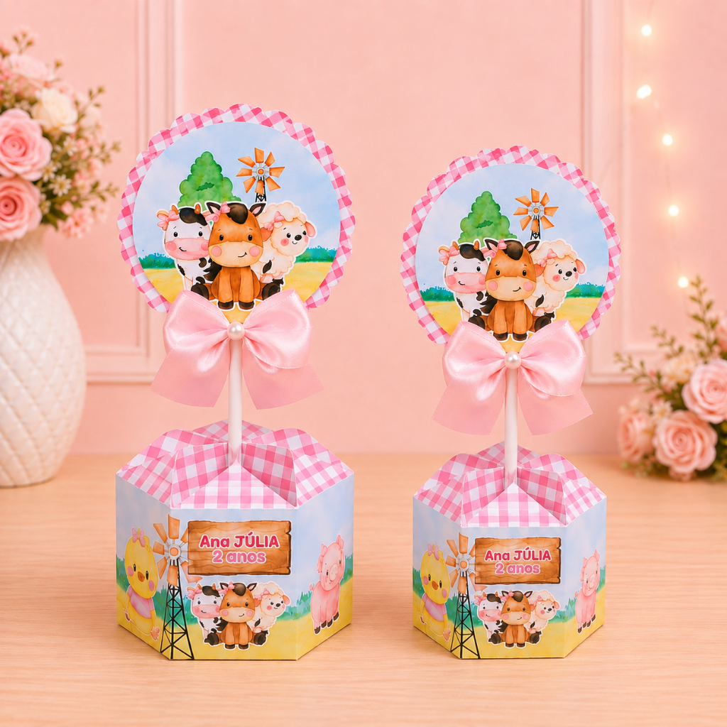 Centro de mesa Tema Fazendinha Rosa - kit festa - lembrancinha - caixinhas personalizadas - festa