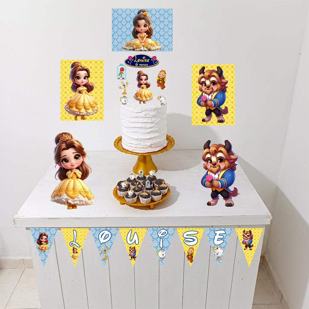 Kit Festa A Bela e a Fera baby Personalizado Só Um Bolinho Festa em Casa Aniversário Infantil  Mesversário lembrancinha