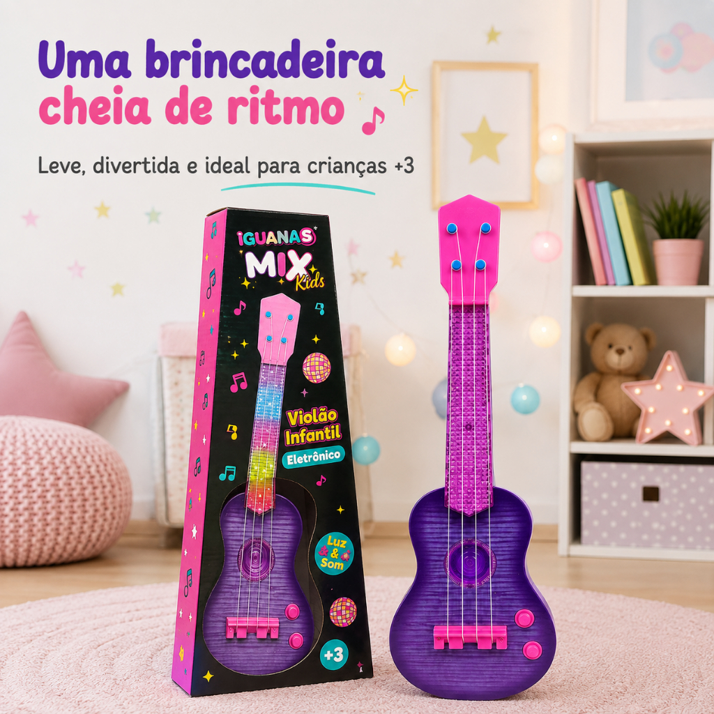 Violão Guitarra Infantil Eletrônico Musical Luzes Sons Músicas Brinquedo Interativo Instrumento Musical Menina 41cm