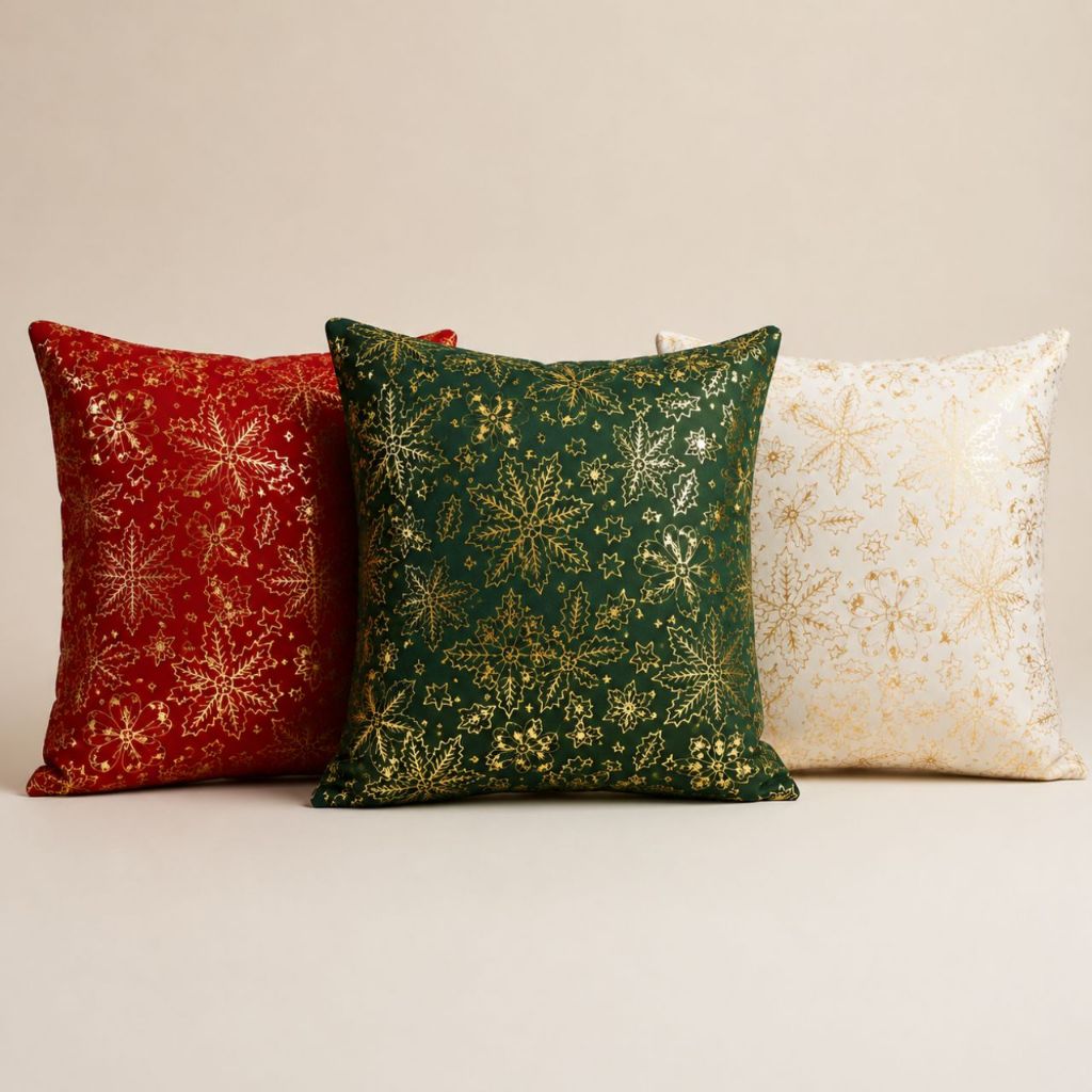 Kit Capa de Almofada Natalina 45x45 Decorativa Sofá Estampa Natal Dourada Vermelha Verde e Branca
