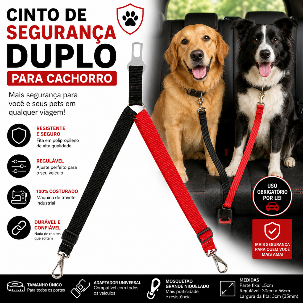 Cinto De Segurança Pra Cachorro Viagem e Passeio de Carro Duplo 2 Cães em um só engate banho e tosa Shih-tzu Yorkshire