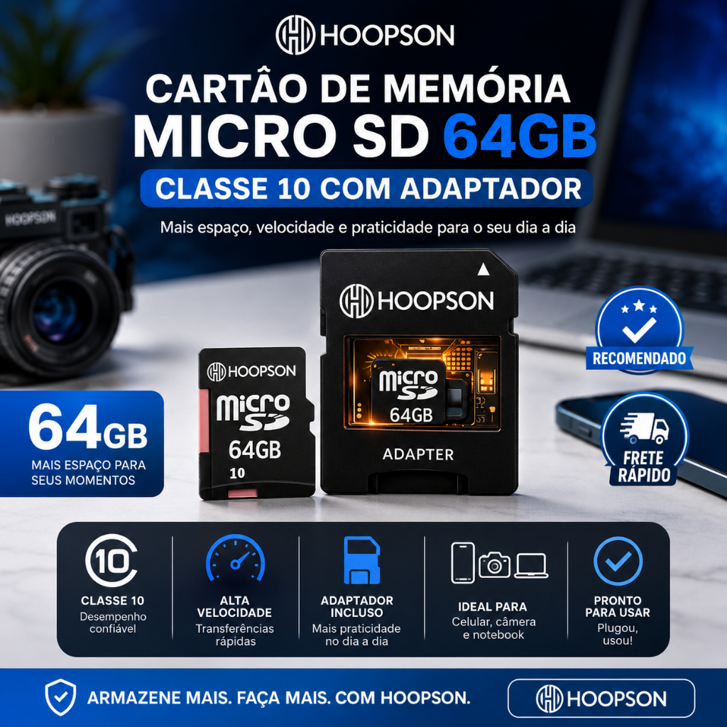 Cartão Micro SD 64GB Classe 10 com Adaptador Alta Velocidade P Celular Câmera Drone Notebook Console